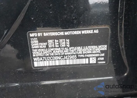 2022 BMW 750 I xDrive из США, поврежденный, VIN WBA7U2C08NCJ42965